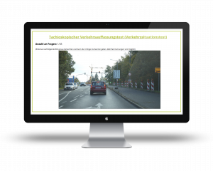 Monitor, auf dem ein tachistoskopischer Verkehrsauffassungstest zu sehen ist.